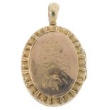 A late Victorian locket. Of oval outline, with central oval panels engraved with flowers, to the