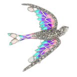 A plique-a-jour, gem and marcasite swallow brooch. In the shape of a swallow in flight, the wings