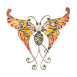 A plique-a-jour, gem and marcasite butterfly brooch. With marcasites set to the body and wings and