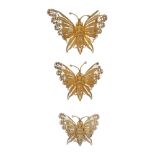 Three filigree butterfly brooches. All designed as butterflies with filigree work wings, to the