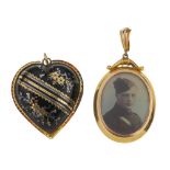 Two late 19th century pendants. the first a tortoiseshell pique pendant of heart-shape, inlaid