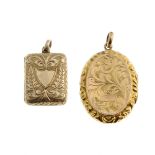 Two 9ct gold front and back lockets. The first of rectangular outline, the back engraved with ivy