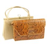 Five handbags. To include a tan crocodile envelope style bag, a beaded black floral hinged framed