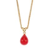 A sponge coral and diamond pendant on a 9ct gold chain. Designed as a tear-drop shape coral pendant,
