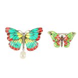 Two plique-a-jour butterfly brooches. Both with yellow, red and green plique-a-jour enamel to the