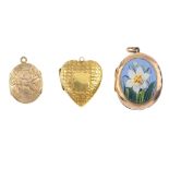 A 9ct front and back locket and two rolled gold lockets. The first of oval outline with enamel