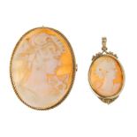 A 9ct gold cameo pendant and brooch. Both of oval outline carved to depict the side profile of a