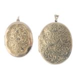 Two 9ct gold lockets. Both of oval-outline, the first with acanthus leaf engraving to the front