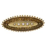 A late Victorian 15ct gold diamond memorial brooch. Of oval outline, the central panel set with five