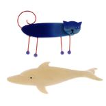 A Pavone cat brooch and a carved bone dolphin brooch. The cat brooch in blue iridescent plastic,