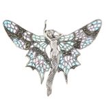 A plique-a-jour and marcasite fairy brooch. Designed as a winged figure of a lady, the wings in