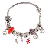 PANDORA - a charm bracelet. The snake chain with thirteen Pandora charms, including a tortoise charm