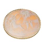 A 9ct gold cameo brooch. Of oval-outline, the shell carved to depict a country scene and two