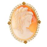 A shell cameo brooch. The oval-shape brooch with carved shell depicting a lady with ringlets, to the