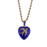 A late Victorian gold enamel and diamond pendant. The heart-shape blue enamel pendant, with