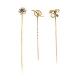 A selection of late 19th to early 20th century gold stickpins. To include one with split pearls