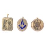 Three lockets. The first of rectangular outline, engraved with flowers to the front and leaves to