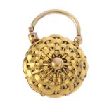 A mid Victorian gold memorial padlock clasp. Of circular outline and basket-weave design, one