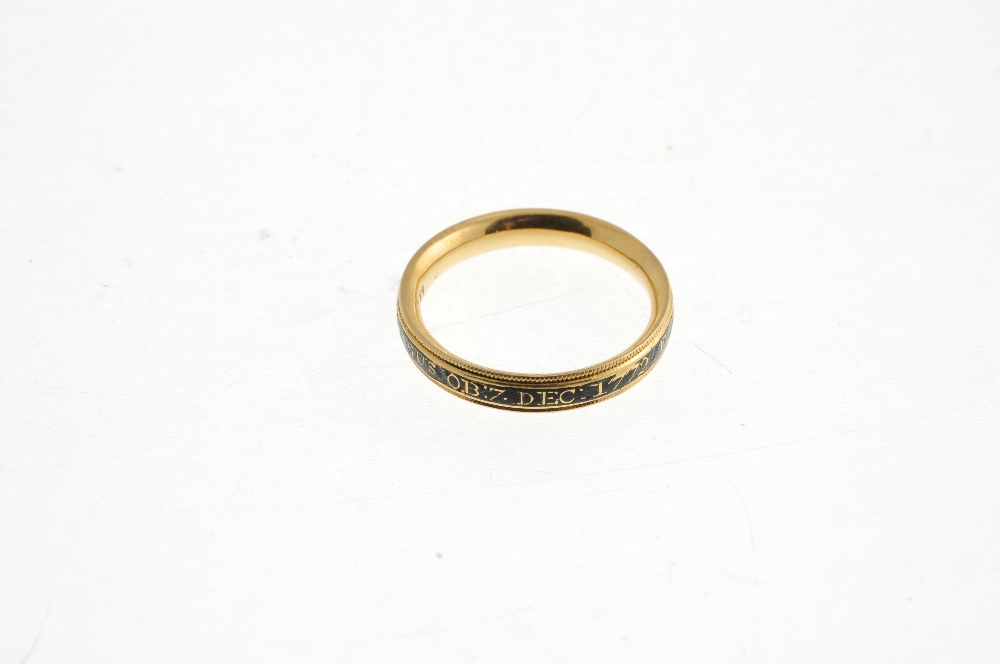A George III gold enamel memorial ring. The black enamel band with gold lettering around its - Image 2 of 3