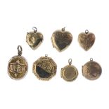 A selection of 9ct back and front lockets and a late Victorian gold fob. One embossed 'Mizpah' to