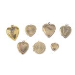 A selection of 9ct back and front lockets. Six of heart-shapes with varying engraved patterns, the