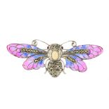 A plique-a-jour, gem and marcasite bee brooch. The wings in blue, purple and pink plique-a-jour