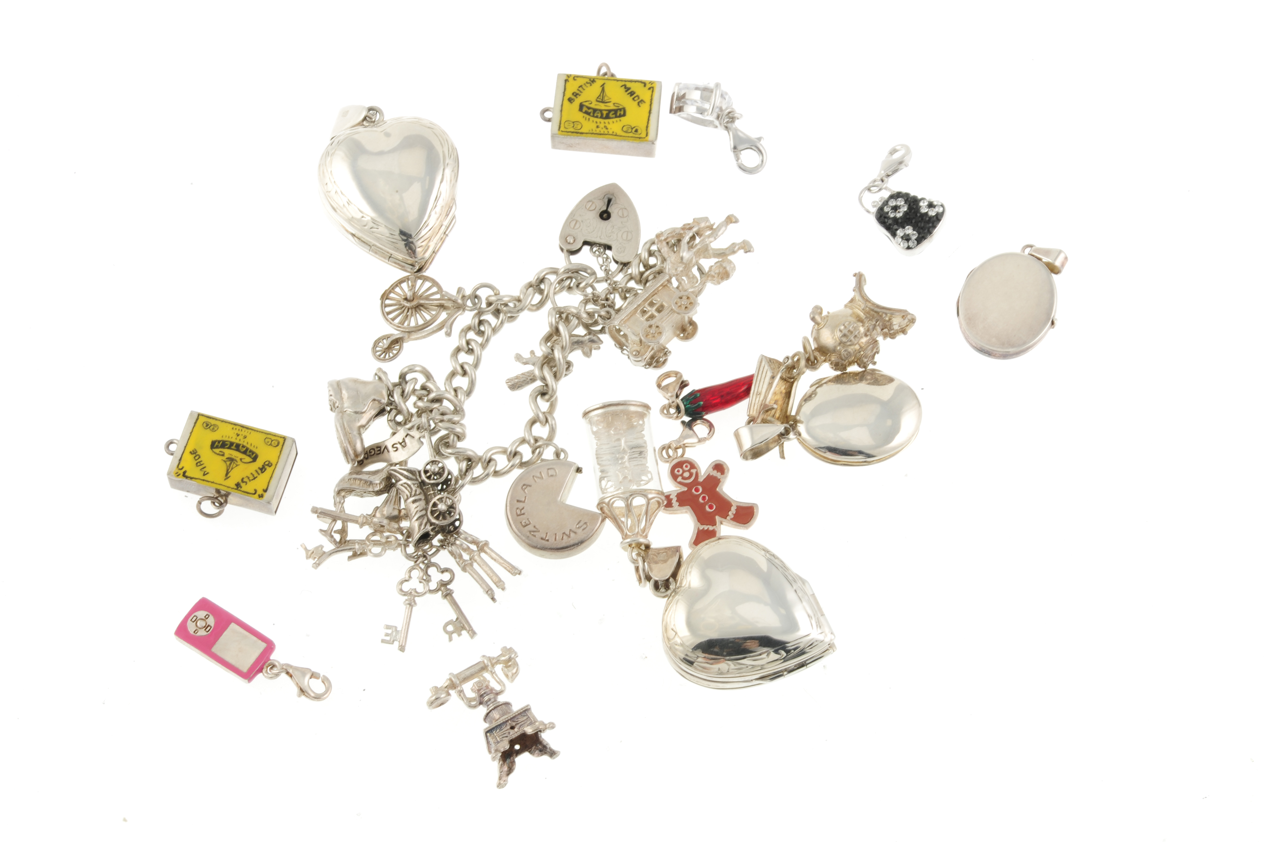 A selection of silver and white metal lockets, a charm bracelet and loose charms. To include two - Bild 2 aus 2