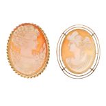 Two cameo brooches. Both of oval outline, the shells depicting ladies in profile, the first with