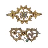 Two early 20th century 9ct gold brooches. The first designed as two hearts with overlaid flowers and