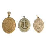 Six late 19th to early 20th century lockets. To include one of navette shape, the blue and black