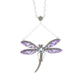 A plique-a-jour, gem and marcasite dragonfly pendant. The belcher-link chain cinched to a flower-