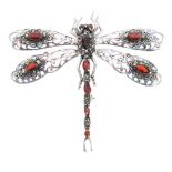 A plique-a-jour, gem and marcasite dragonfly brooch. The wings with purple and blue plique-a-jour