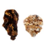 A selection of fur accessories. To include a fox pieced boa, a bronze fox shawl, a dyed bright red