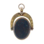 A hardstone horseshoe swivel fob. Of oval-shape with bloodstone to one side and chalcedony to the