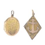 Two late 19th century lockets. The first of oval outline with scrolling acanthus leaf detail, the