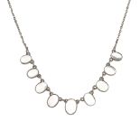 A moonstone necklace. Designed as a fine belcher-link chain with nine oval shape collet-set