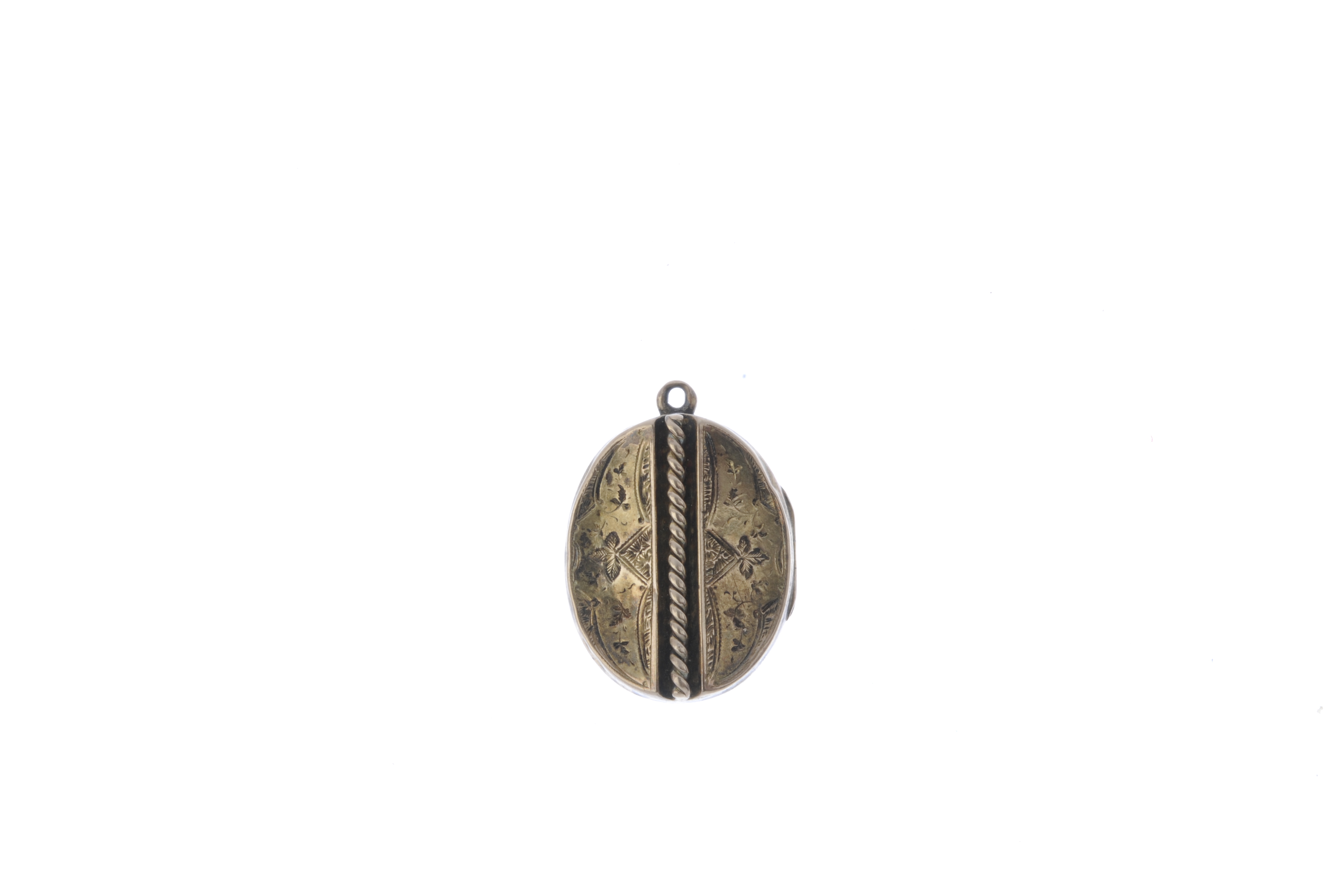 A late Victorian locket. Of oval outline, with a central rope-twist column, flanked by foliate - Image 2 of 2