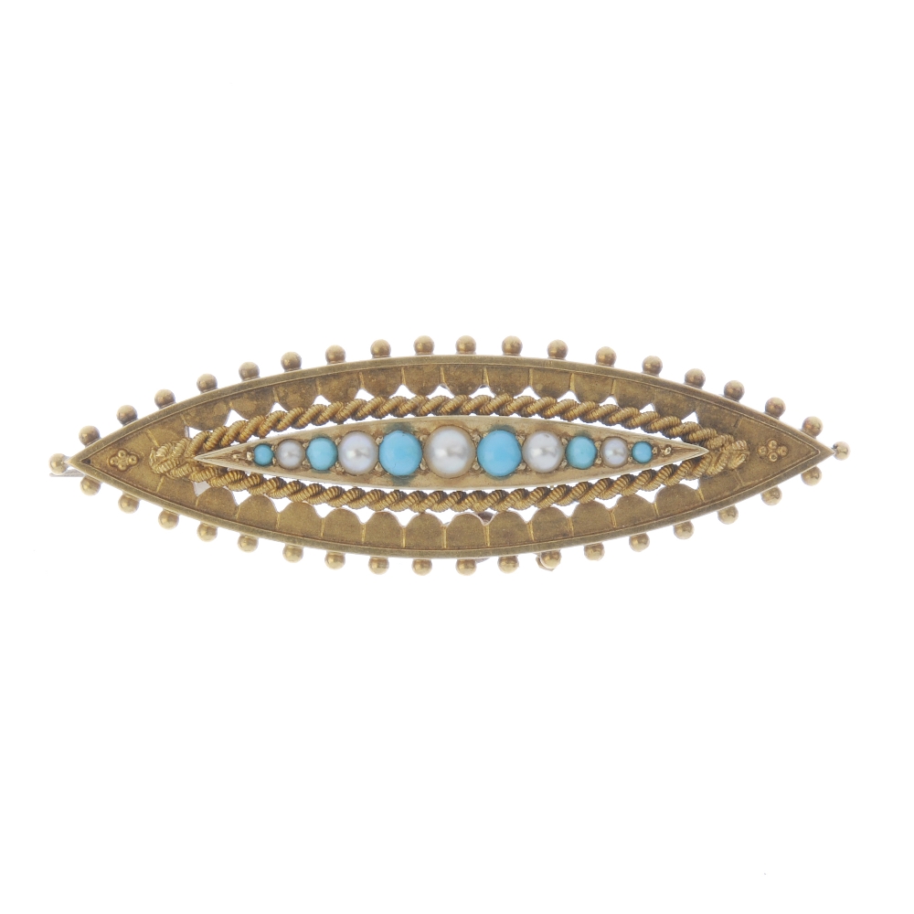 A late 19th century gold split pearl and turquoise bar brooch with unassociated swallow safety