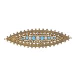 A late 19th century gold split pearl and turquoise bar brooch with unassociated swallow safety