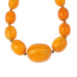 A natural amber bead necklace. Comprising a single row of fifty natural amber beads measuring 1.2 to