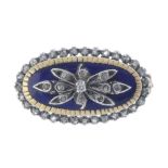 A diamond and enamel brooch. Of oval outline, the central blue enamel panel with diamond-set