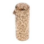 A late Victorian 9ct gold cased scent bottle. Designed as a cylindrical case, with domed, hinged