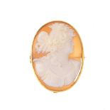 An early 20th century shell cameo brooch. Of oval outline, the shell cameo carved to depict the side