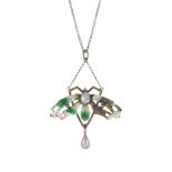 An early 20th century enamel necklace. Designed as a chain suspending a pendant in the shape of a