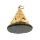 A 9ct gold bloodstone Masonic fob. The oval-shape bloodstone, to the pedestal shaped as a square and