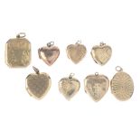 A selection of 9ct back and front lockets. To include six in the shape of hearts, three with foliate