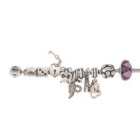 PANDORA - a charm bracelet. The snake chain with six Pandora charms including a heart-shape