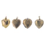 Four 9ct gold front and back lockets. All of heart-shape outline, three with engraved decoration.