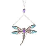 A plique-a-jour, gem and marcasite dragonfly pendant. The wings in blue, green and red enamel