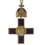 An enamel cross and chain. The red enamel cross pendant with central panel which to one side depicts